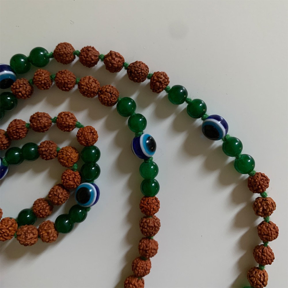 Turkish Eye Rudraksha Mala - Green Agate