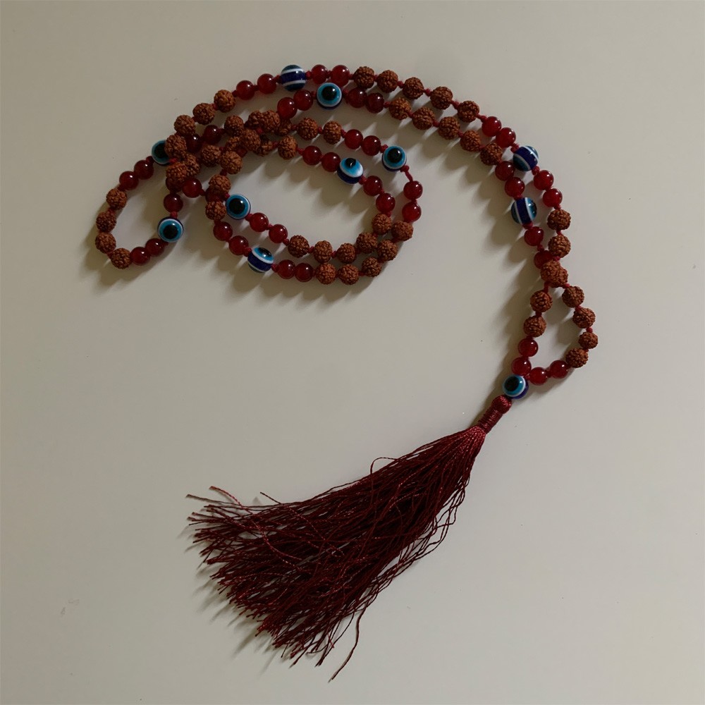 Turkish Eye Rudraksha Mala - Deep Red Chalcedony