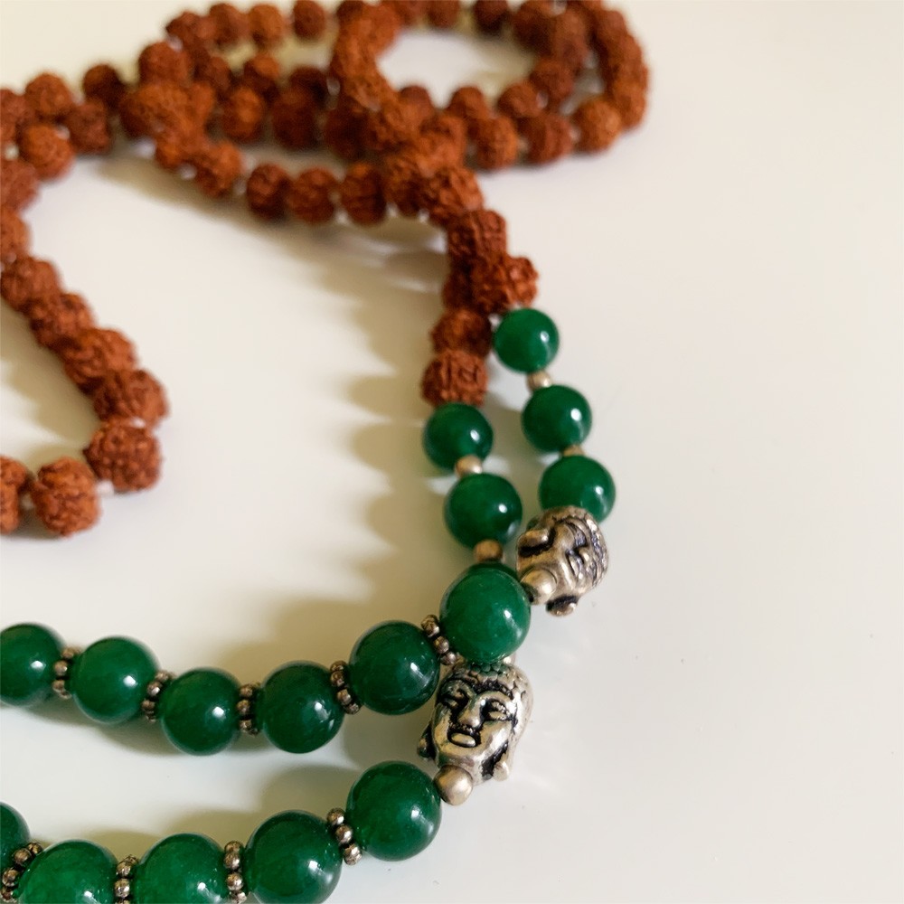 Rudraksha Buddha Mala with Stones -Green Agate