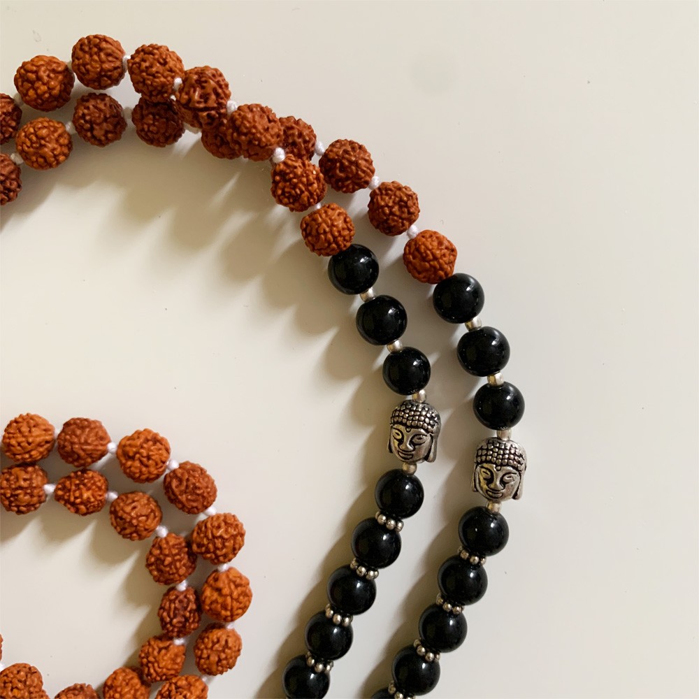 Rudraksha Buddha Mala with Stones - Jet