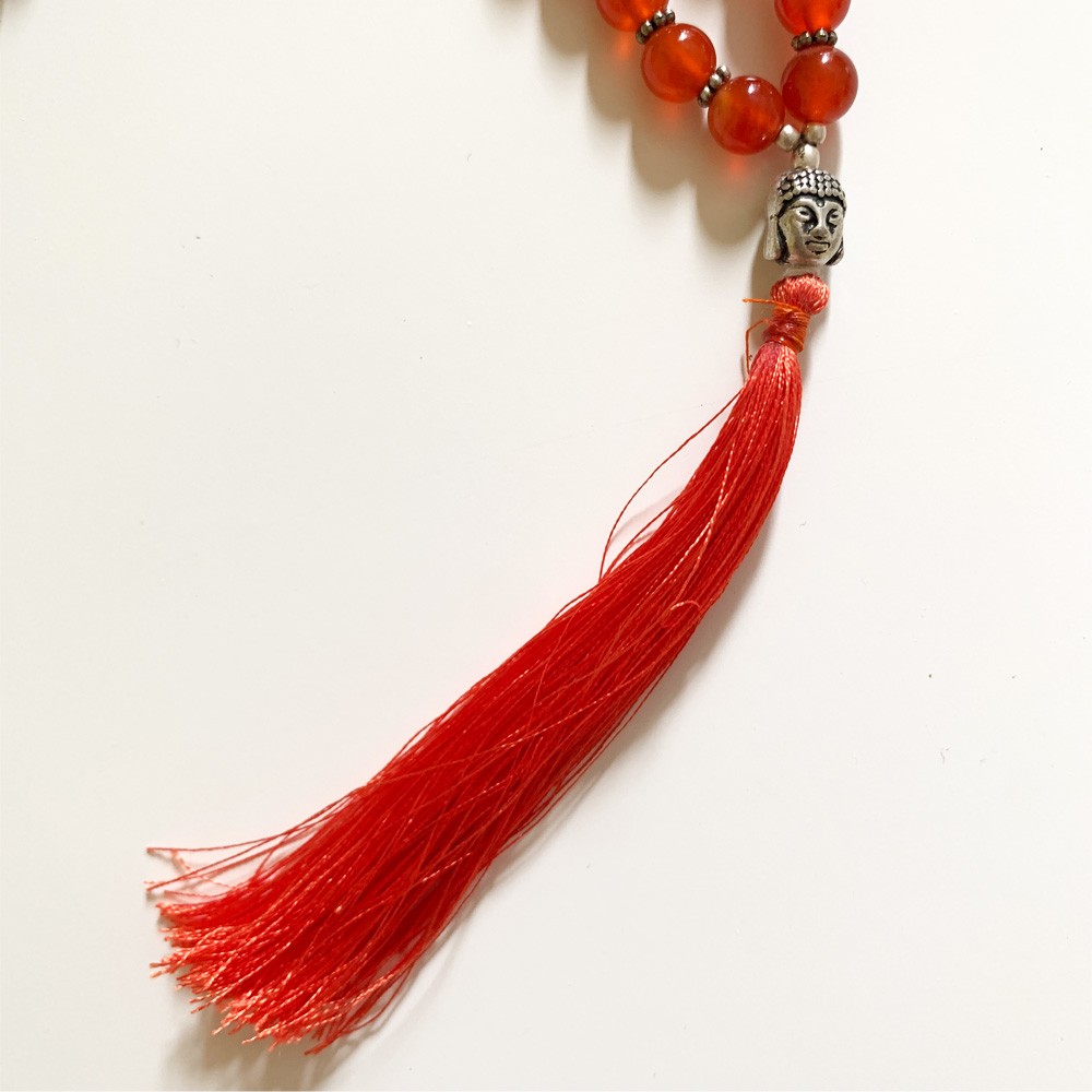 Rudraksha Buddha Mala with Stones - Orange Carnelian