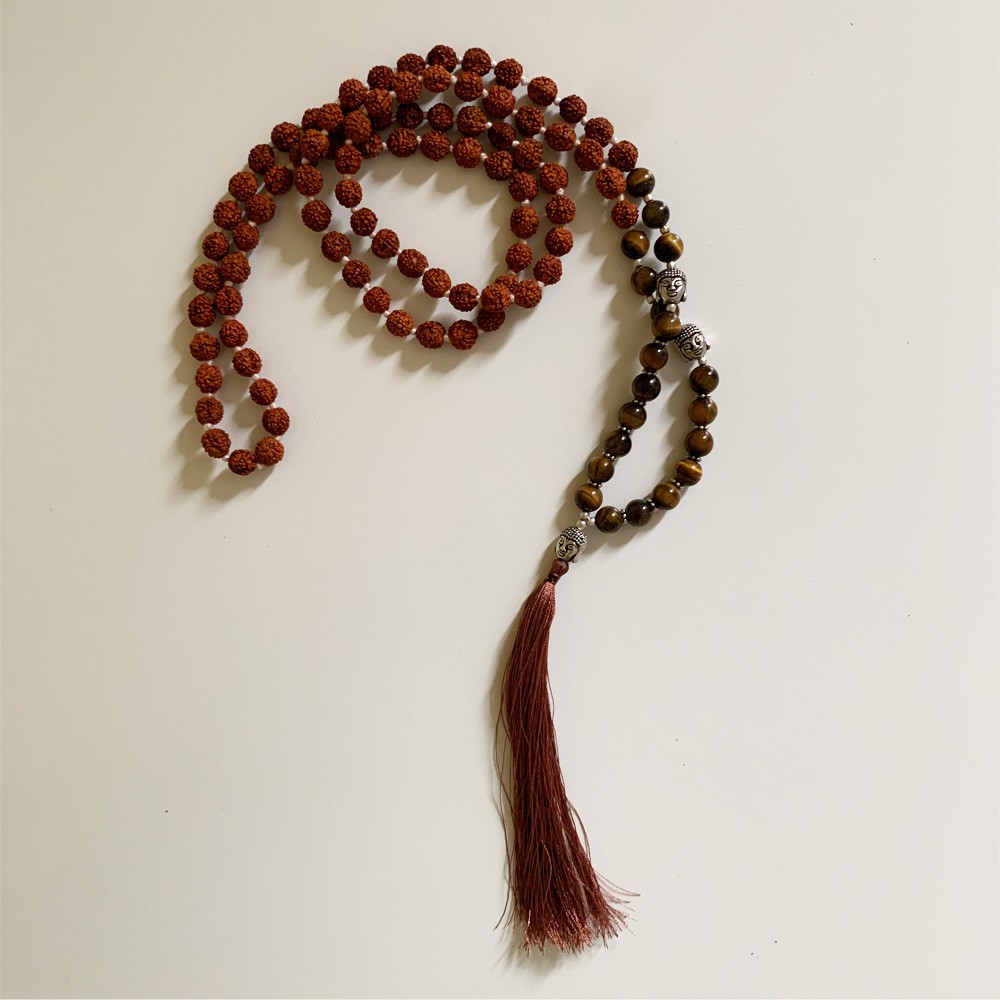 Rudraksha Buddha Mala with Stones - Tiger's Eye