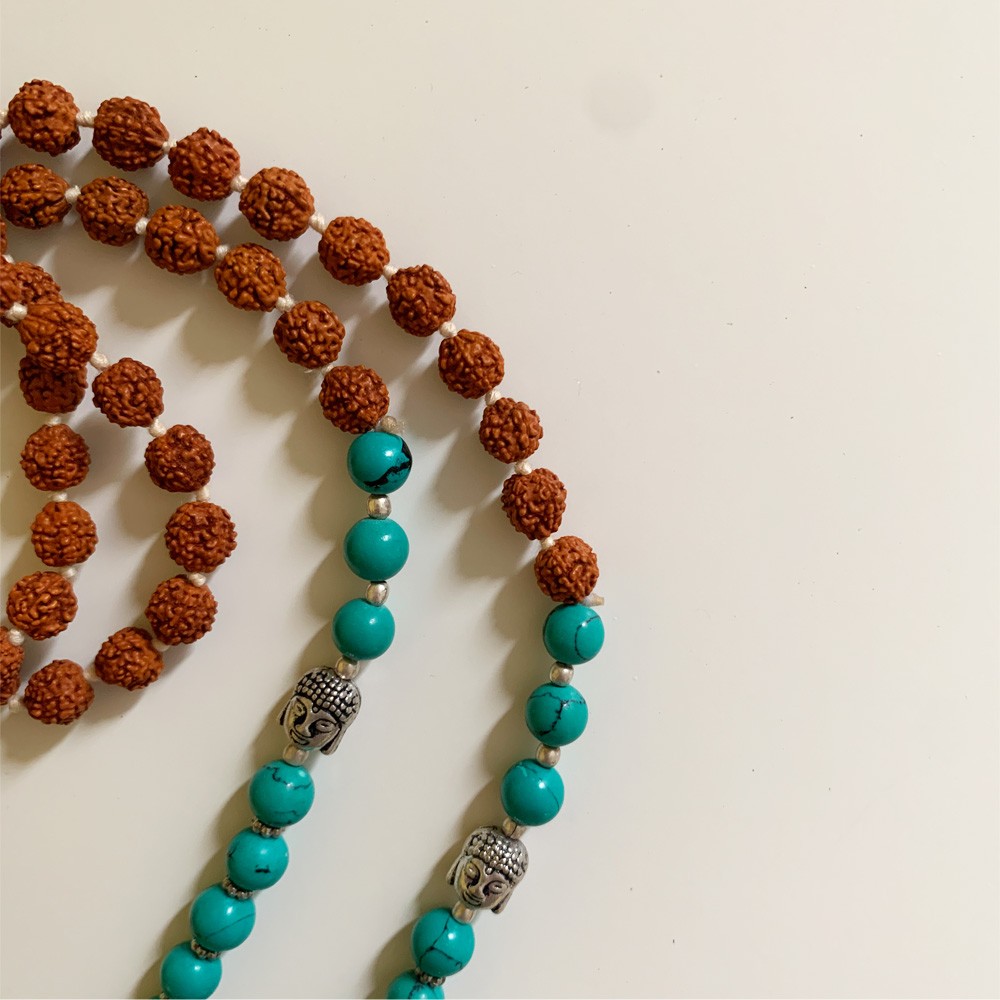 Rudraksha Buddha Mala with Stones - Turquoise